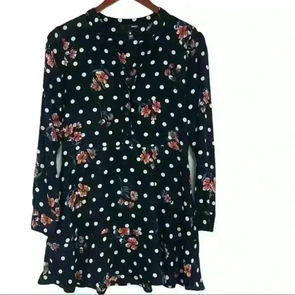Aqua women’s long sleeve mandarin collar polka dot floral peplum mini dress S